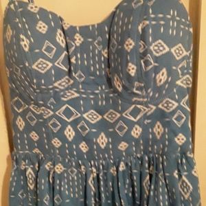 Blue Geometric Print Ruffle Dress